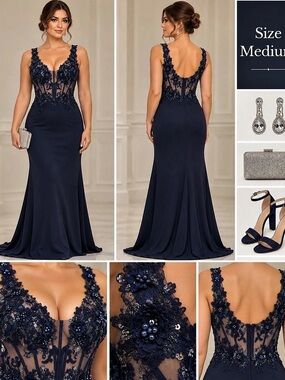 Fashion Simple Fashion Lace Mermaid Maxi Gown in Blue Size 12 NWT